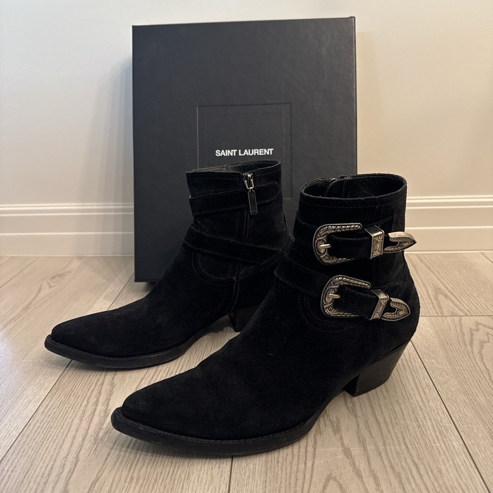 Saint Laurent Black Suede Buckle Boots